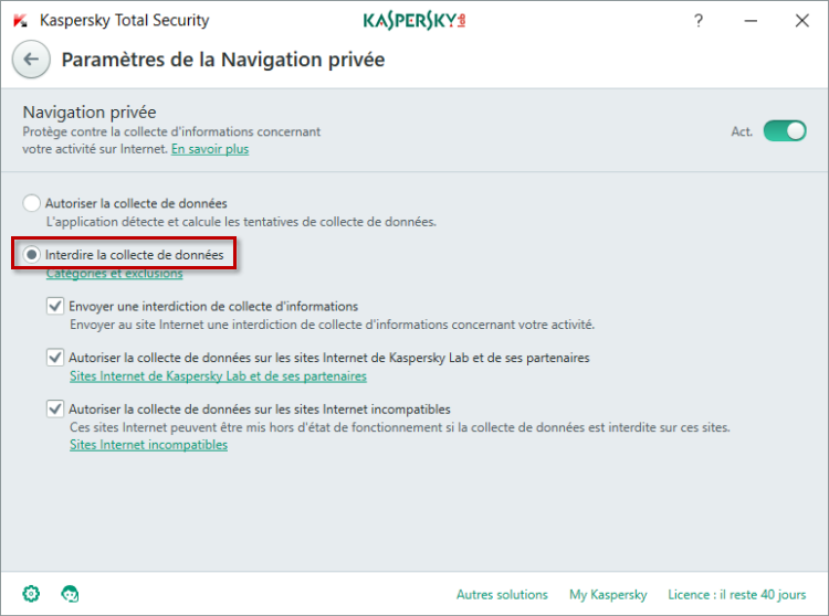 Image : configurez la Navigation privée dans Kaspersky Total Security 2018