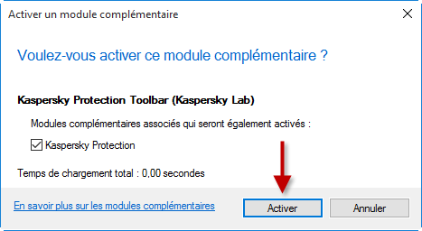 Image : activez le module complémentaire Kaspersky Protection Toolbar