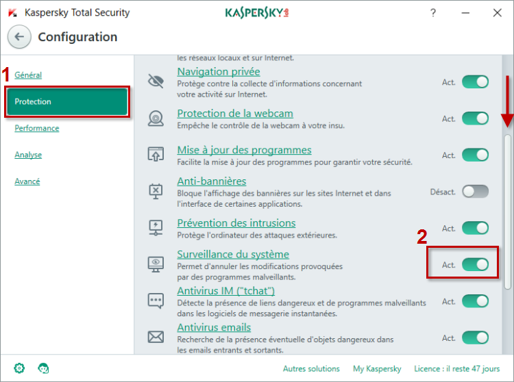 Image : activez ou désactivez la Surveillance du système dans la fenêtre Configuration de Kaspersky Internet Security
