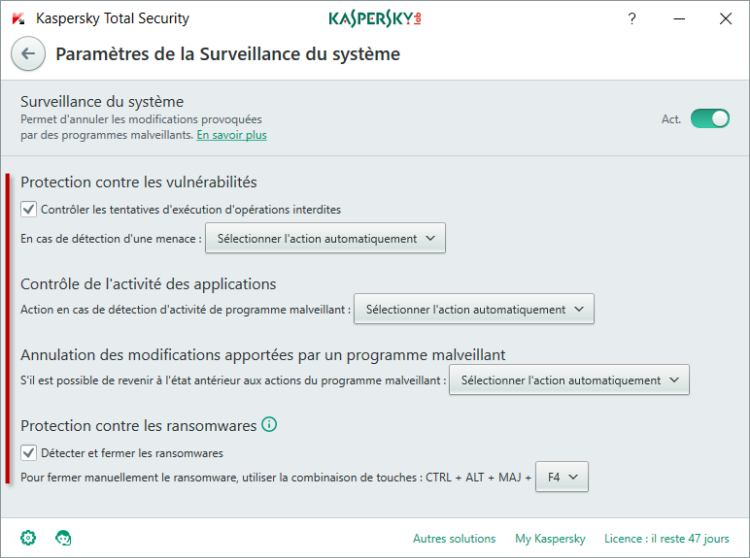 Image : paramètres de la Surveillance du système dans Kaspersky Total Security