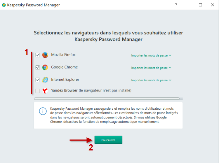 Image : sélectionnez les navigateurs dans lesquels vous souhaitez utiliser Kaspersky Password Manager