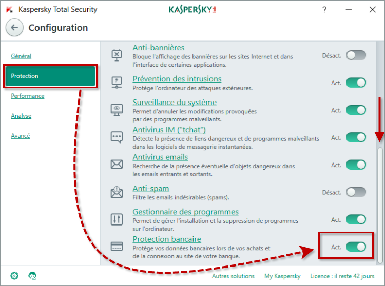 Image : activez ou désactivez la Protection bancaire dans Kaspersky Total Security 2018