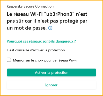 Message de Kaspersky VPN Secure Connectiоn sur un problème dans le réseau Wi-Fi