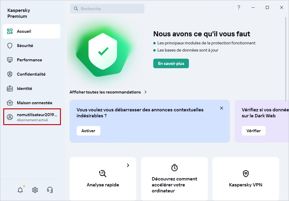 Accéder à votre profil dans Kaspersky