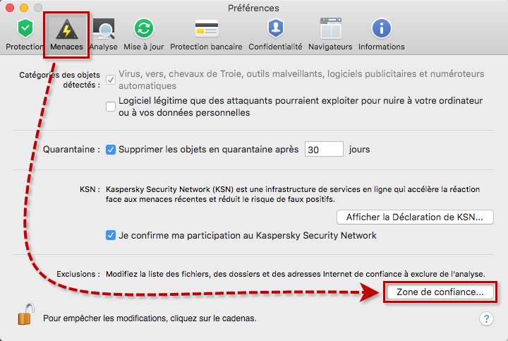 Image : zone de confiance dans les préférences de Kaspersky Internet Security 18 for Mac.