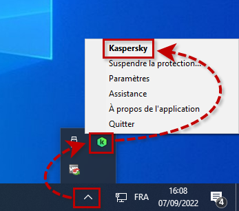 Ouvrir l'application de Kaspersky à l'aide du menu contextuel de l'icône sur la barre des tâches