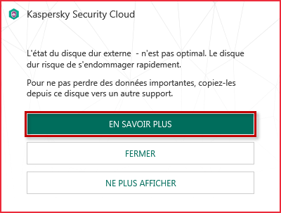 Consulter les informations détaillées sur la détérioration de l'état du disque dur dans Kaspersky Security Cloud 19
