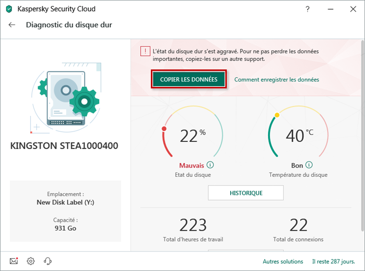Passer à la copie des données depuis le disque dur dans Kaspersky Security Cloud 19