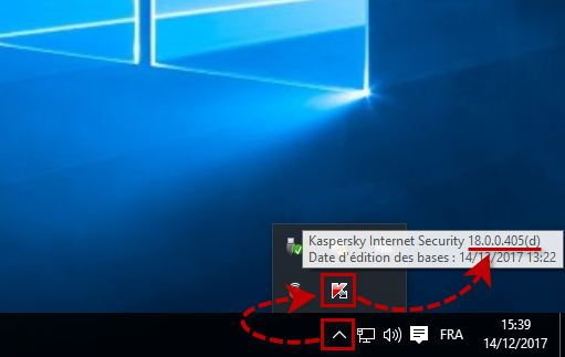 Image : l'icône de Kaspersky Internet Security 2018 dans la barre de tâches Windows.