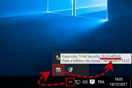 Image : l'icône de Kaspersky Total Security 2018 dans la barre de tâches Windows.
