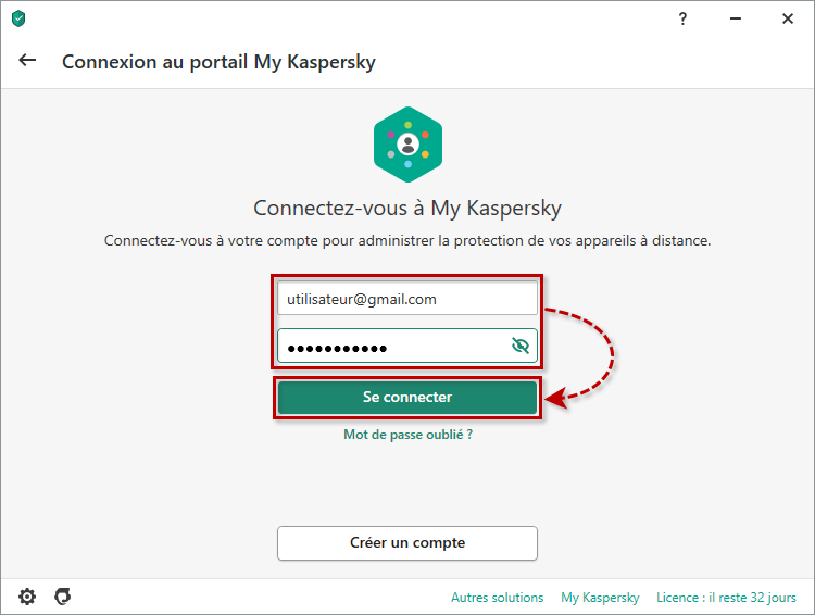 Entrer les informations d'identification de votre compte My Kaspersky dans Kaspersky Anti-Virus