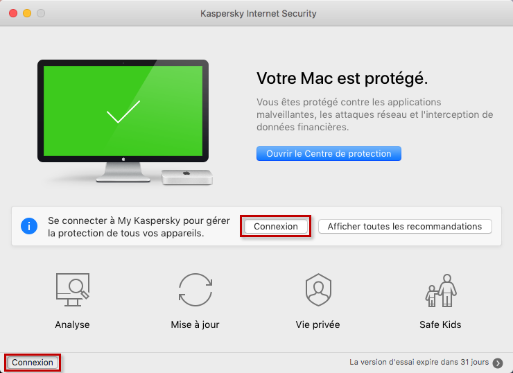 Passer à la connexion à My Kaspersky depuis la fenêtre principale de Kaspersky Internet Security for Mac