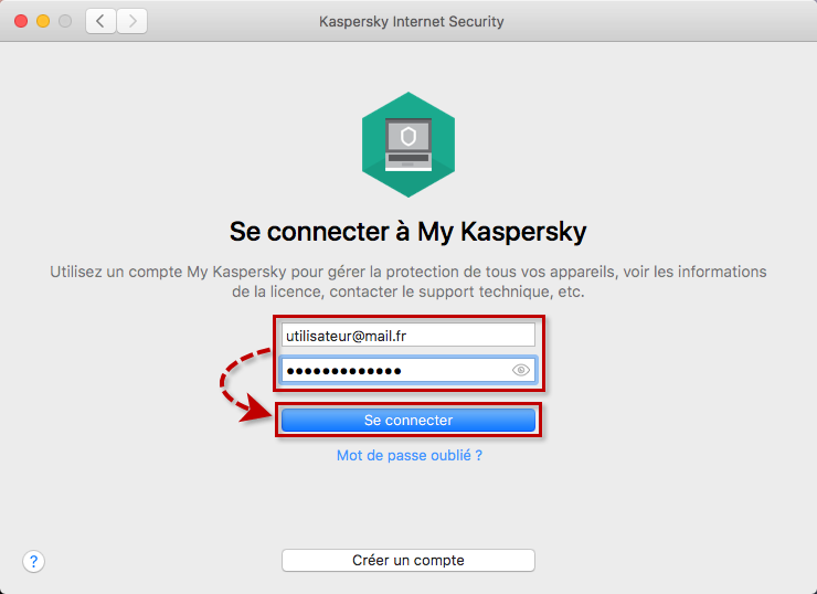 Entrer les informations d'identification de votre compte My Kaspersky pour connecter Kaspersky Internet Security for Mac à My Kaspersky