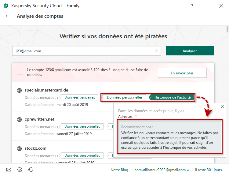Recommandations dans Kaspersky Security Cloud 19 pour protéger vos données personnelles