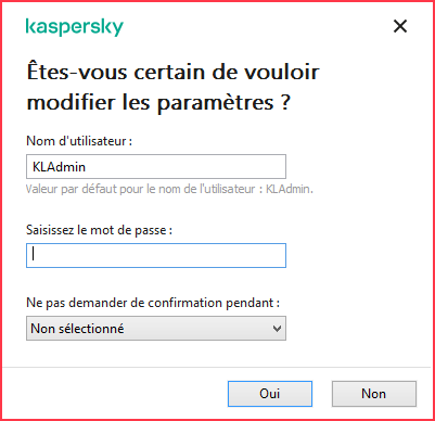 Entrer le mot de passe pour modifier les paramètres dans une application de Kaspersky