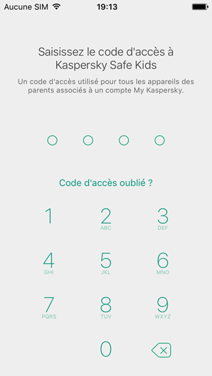 Fenêtre de saisie du code d'accès dans Kaspersky Safe Kids sur l'appareil d'un parent