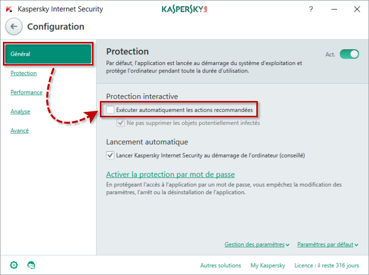 Image : désactivez le mode de protection automatique dans Kaspersky Internet Security.