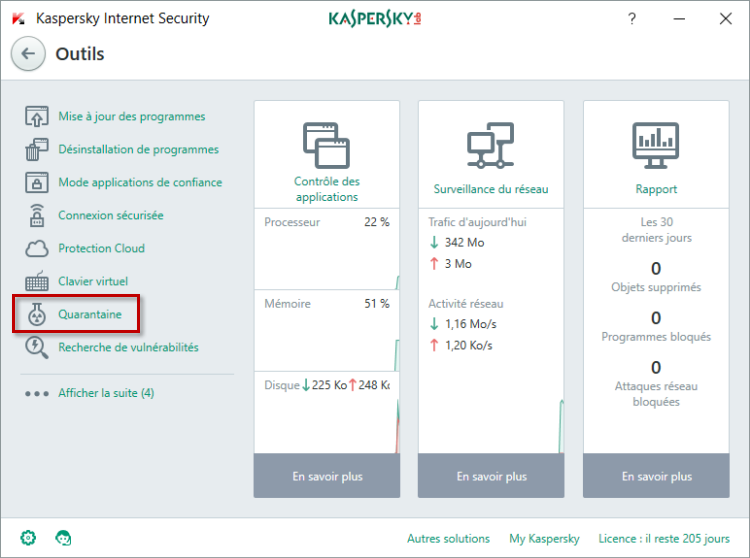 Accédez à la Quarantaine dans Kaspersky Internet Security 2018