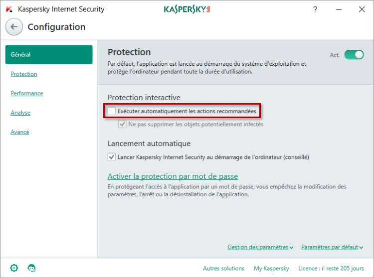 Désactivez la protection automatique dans Kaspersky Internet Security 2018