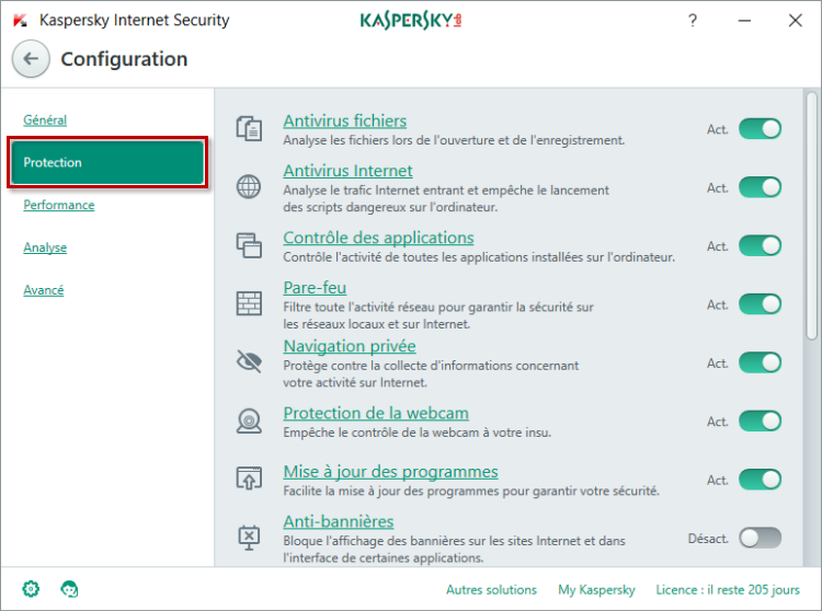 Accéder aux paramètres d'un des modules de la protection dans Kaspersky Internet Security 2018