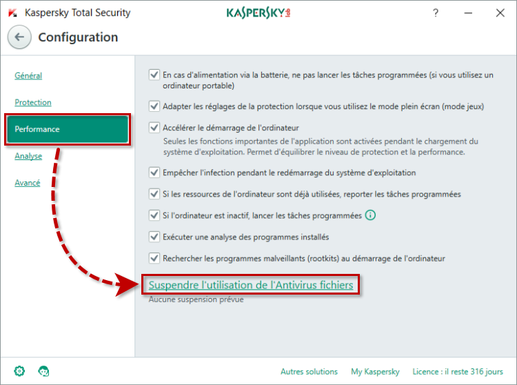Image : option Suspendre l'utilisation de l'Antivirus Fichiers dans la section Performance de Kaspersky Total Security 2018.