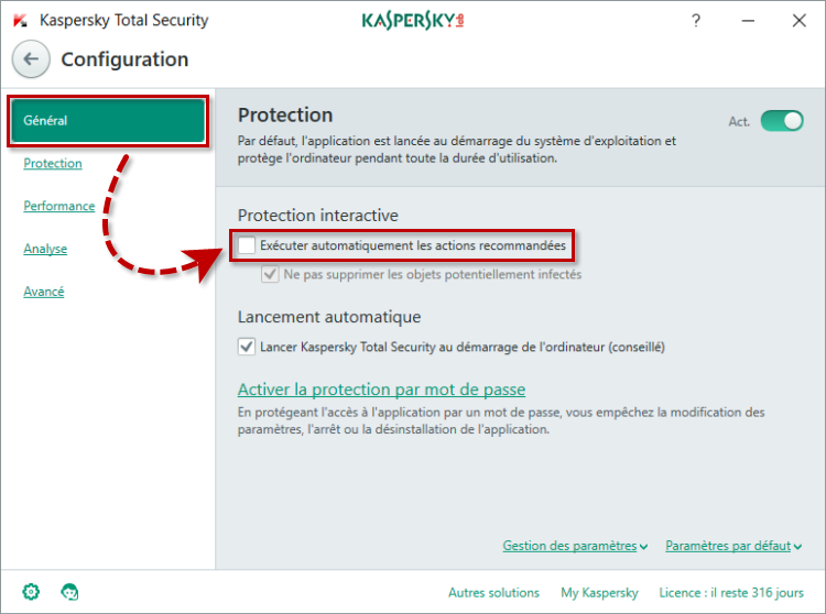 Image : désactivez le mode de protection automatique dans Kaspersky Total Security.