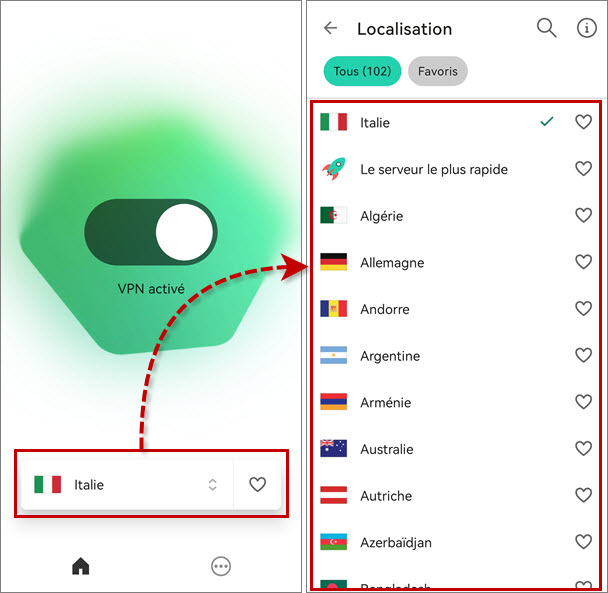 Choix du pays de connexion dans Kaspersky VPN Secure Connectiоn for Android.