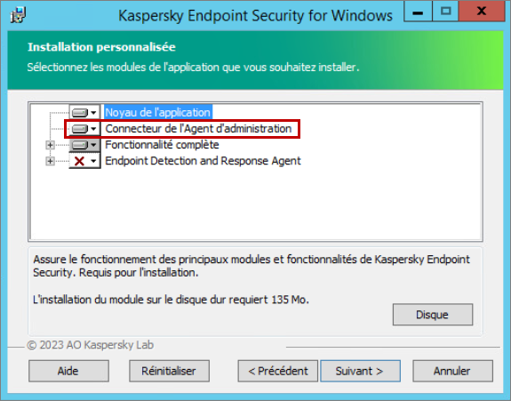 Module externe de l'Agent d'administration dans la fenêtre de choix des modules à installer dans Kaspersky Endpoint Security for Windows.
