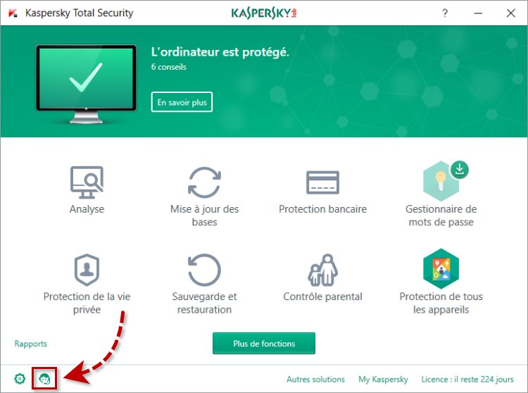 Cliquez sur Support Technique dans la fenêtre de Kaspersky Total Security 2018 