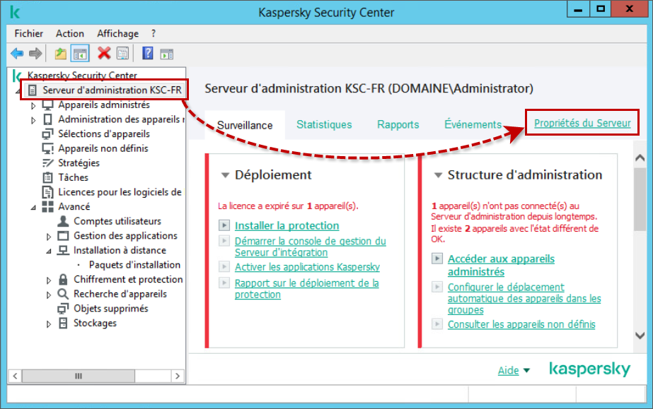 Ouvrir les propriétés du Serveur d'administration de Kaspersky Security Center.