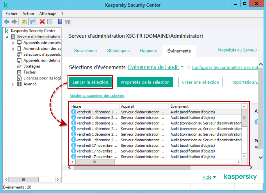 Enregistrements sur les actions de l'utilisateur dans Kaspersky Security Center.