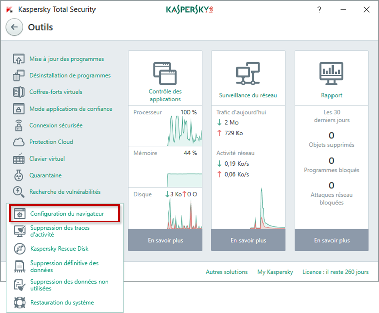 Passez à la configuration du navigateur dans Kaspersky Total Security 2018