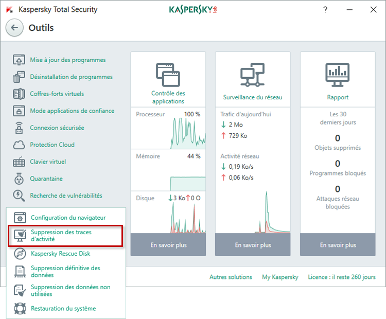 Passez à la suppression des traces d'activité dans Kaspersky Total Security 2018