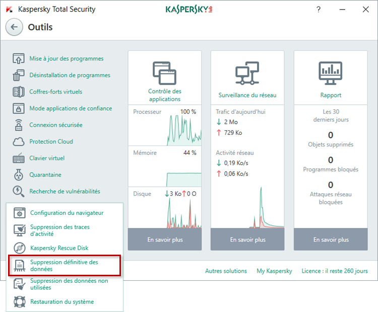 Passez à la suppression définitive des données dans Kaspersky Total Security 2018