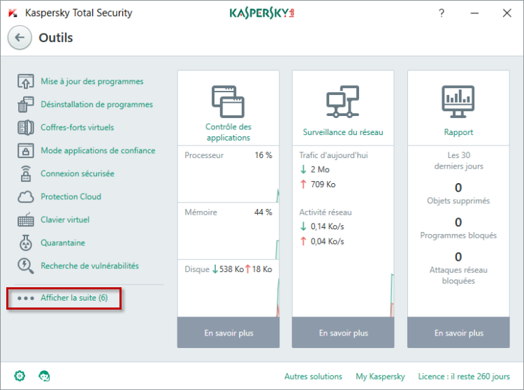  Afficher la suite de la liste des outils dans Kaspersky Total Security 2018