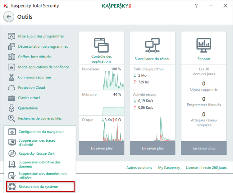Passez à la restauration du système dans Kaspersky Total Security 2018