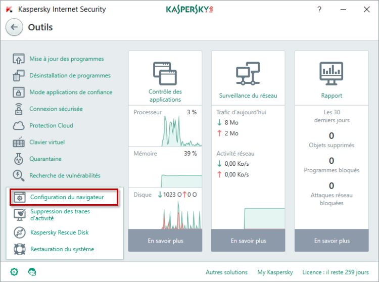 Accédez à la configuration du navigateur dans Kaspersky Internet Security 2018