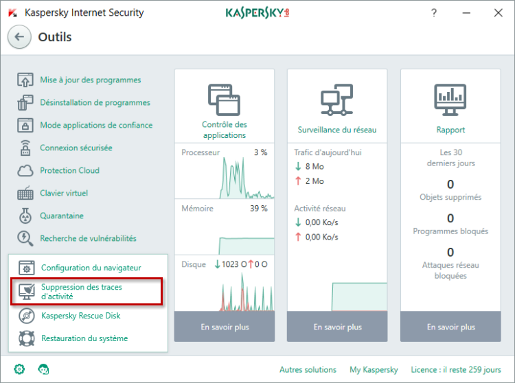 Accédez à la suppression des traces d'activité dans Kaspersky Internet Security 2018