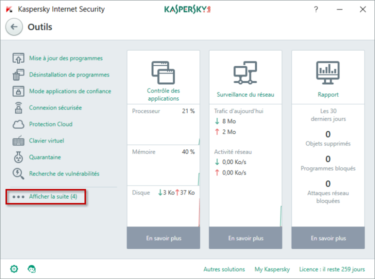 Affichez la suite de la liste des outils dans Kaspersky Internet Security 2018