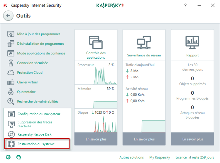 Accédez à la restauration du système dans Kaspersky Internet Security 2018