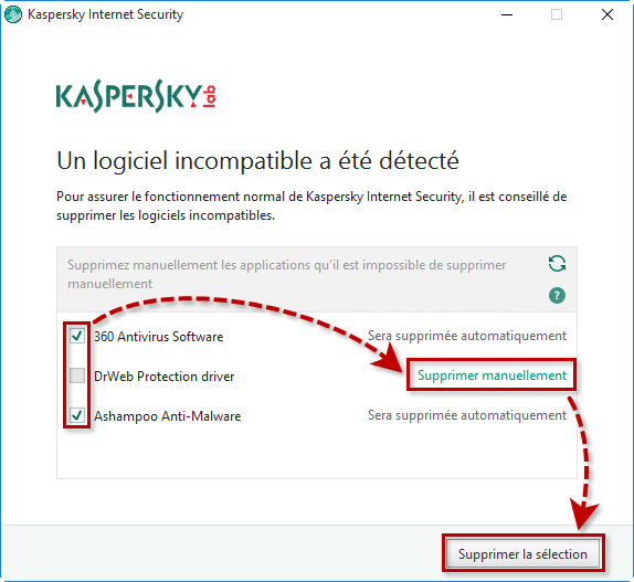 Des logiciels incompatibles détectés lors de l'installation de Kaspersky Internet Security 2018. 