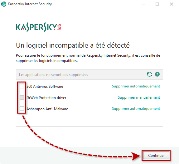 Ignorez les logiciels incompatibles détectés lors de l'installation de Kaspersky Internet Security 2018 