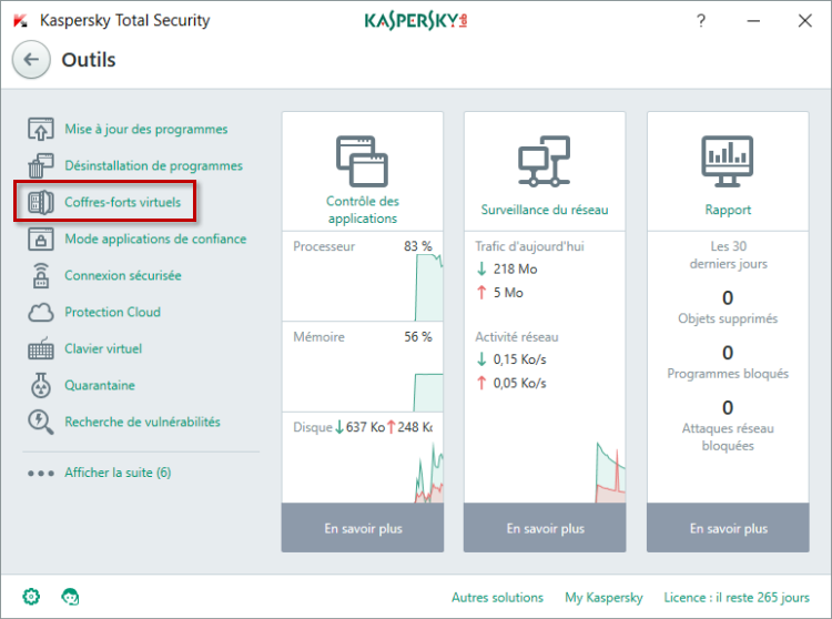 Ouvrez les Coffres-forts virtuels dans Kaspersky Total Security 2018 