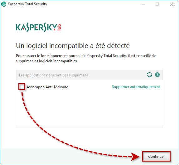 Ignorez les logiciels incompatibles détectés lors de l'installation de Kaspersky Total Security 2018 