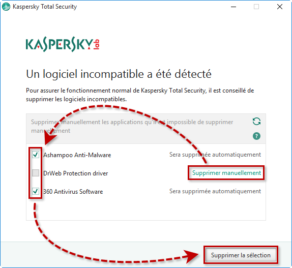 Des logiciels incompatibles détectés lors de l'installation de Kaspersky Total Security 2018 