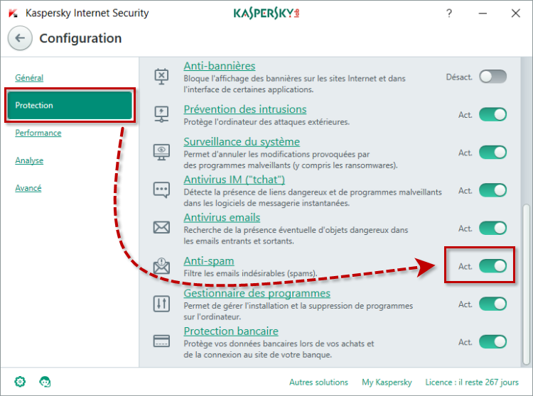 Activez l'Anti-spam dans Kaspersky Internet Security 2018
