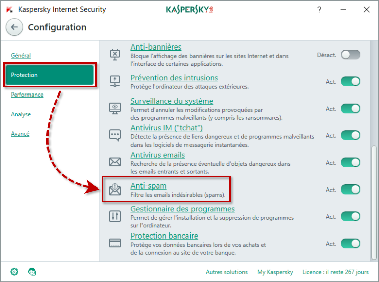 Accédez aux paramètres de l'Anti-spam dans Kaspersky Internet Security 2018