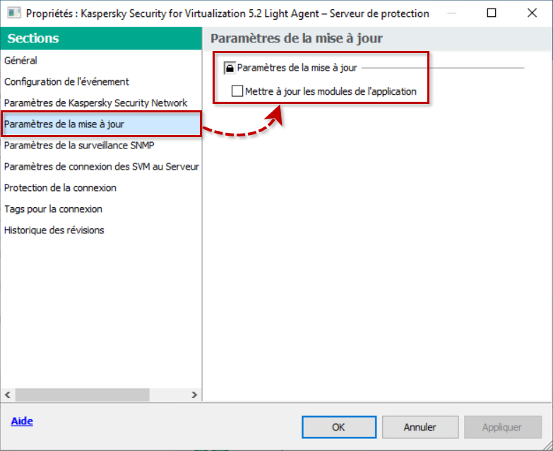 Configurer les paramètres dans la section Paramètres de mise à jour de la stratégie du Serveur de protection de Kaspersky Security for Virtualization 5.x Light Agent