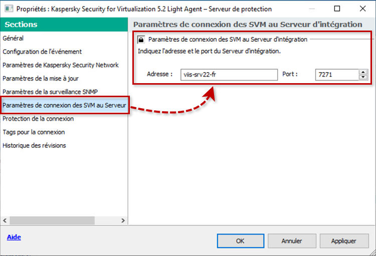 Configurer les paramètres dans la section Paramètres de connexion des SVM au Serveur d'intégration dans la stratégie du Serveur de protection de Kaspersky Security for Virtualization 5.x Light Agent