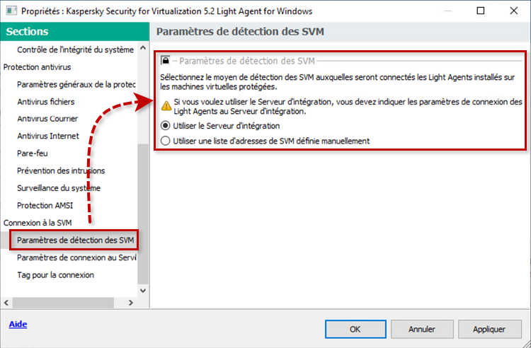 Configurer les paramètres dans la section Paramètres de détection des SVM de la stratégie du Light Agent de Kaspersky Security for Virtualization 5.x